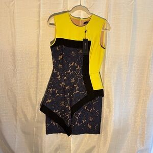 BCBGMaxAzria Vibrant Yellow Dress with Black and Navy Lace.